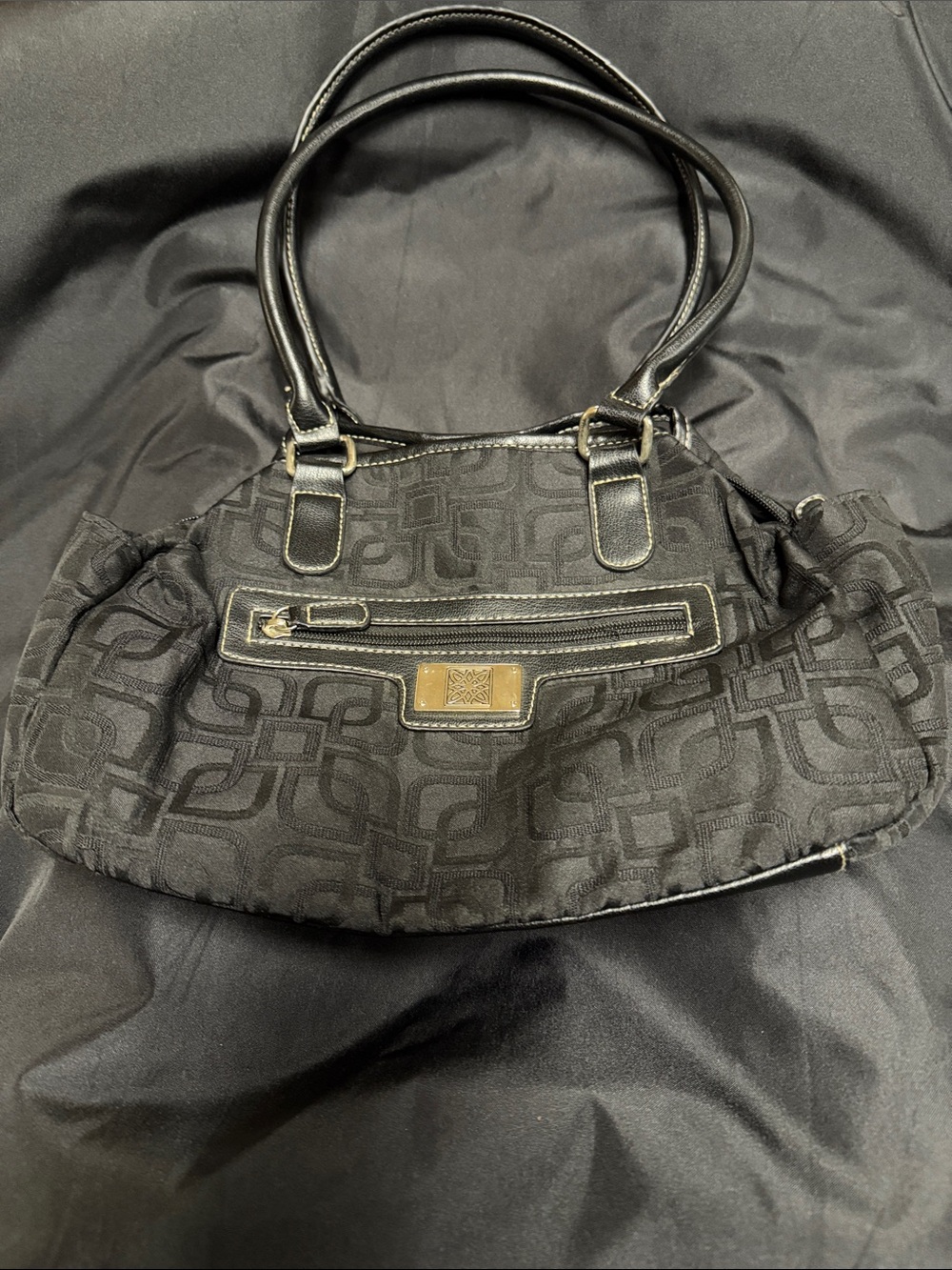 Classic Black Jacquard Shoulder Bag with Gold Accent